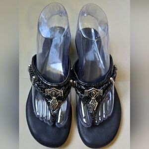 Rialto Sandals Womens 8 M Kismet Casual Slip On Wedge Thong Black Faux Leather